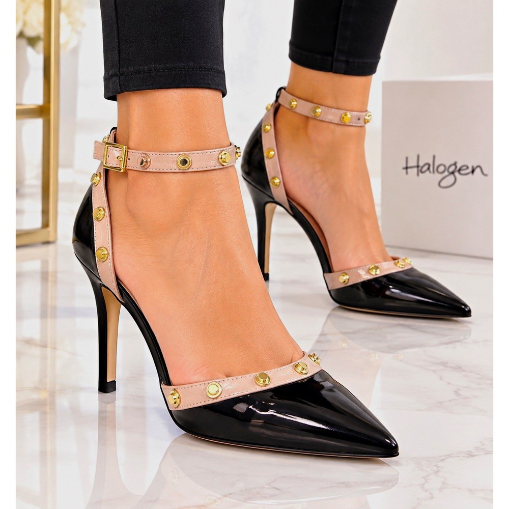 Halogen Black Patent Leather Pumps Pointed Toe Studded Buckle Strap US 5